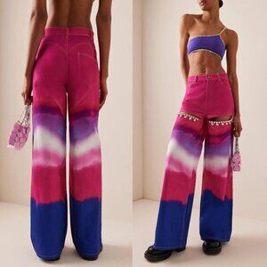 AREA NYC Crystal‎ Embellished Pink Purple Ombre Slit High Rise Wide Leg Jeans 26